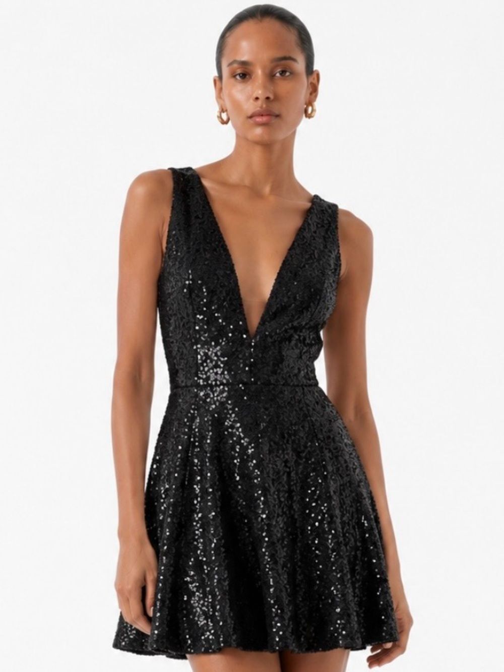 DRESS THE POPULATION Black Sequin Deep V Mini Dress Size Medium